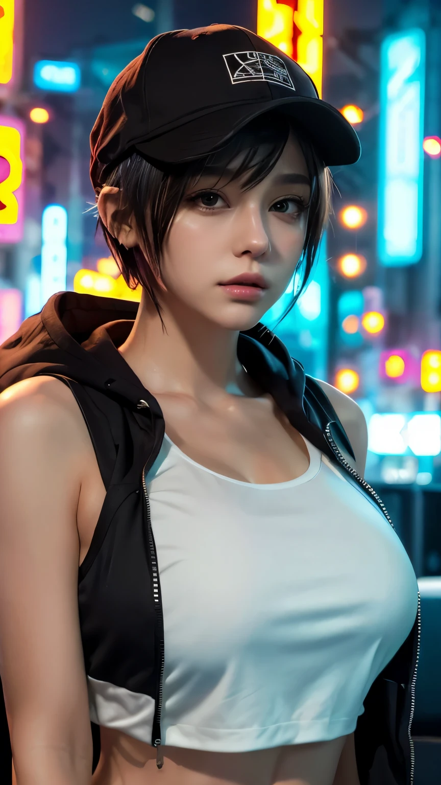 masterpiece, Highest quality, Very detailed, 8k, Realistic, One Girl, alone, Tomboy, Very detailed face, (head shot:1.5), Cyberpunk neon lit futuristic city、Neon lights illuminate the scene, at night, Cyberpunk art, 32K, Ultra HD, Unreal Engine Rendering, Cinema Lighting,Pixie cut white hair, He is wearing a short tank top and an open-zipped hoodie.....,I can see your chest,Nice ass,Wear a New Era cap
