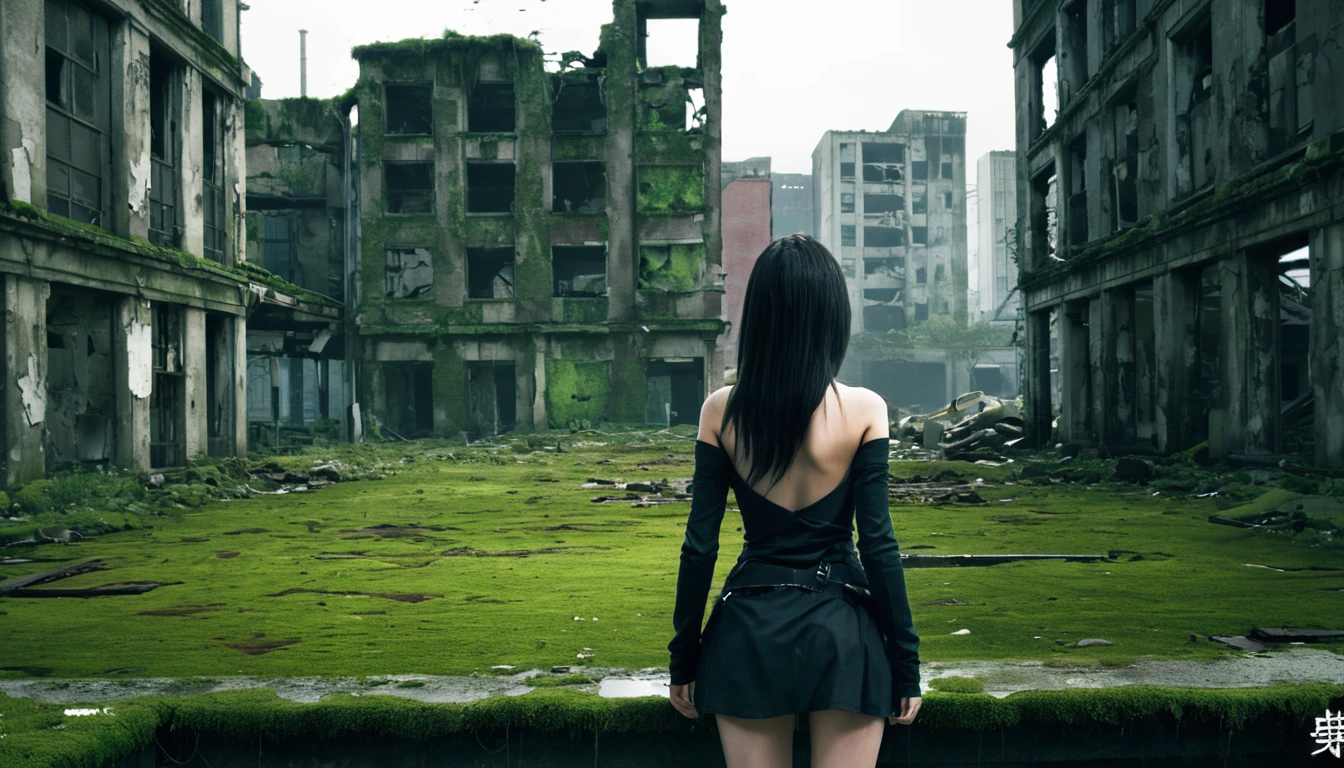 Ruined City,building,Android Girl,Back view,Abandoned city,moss