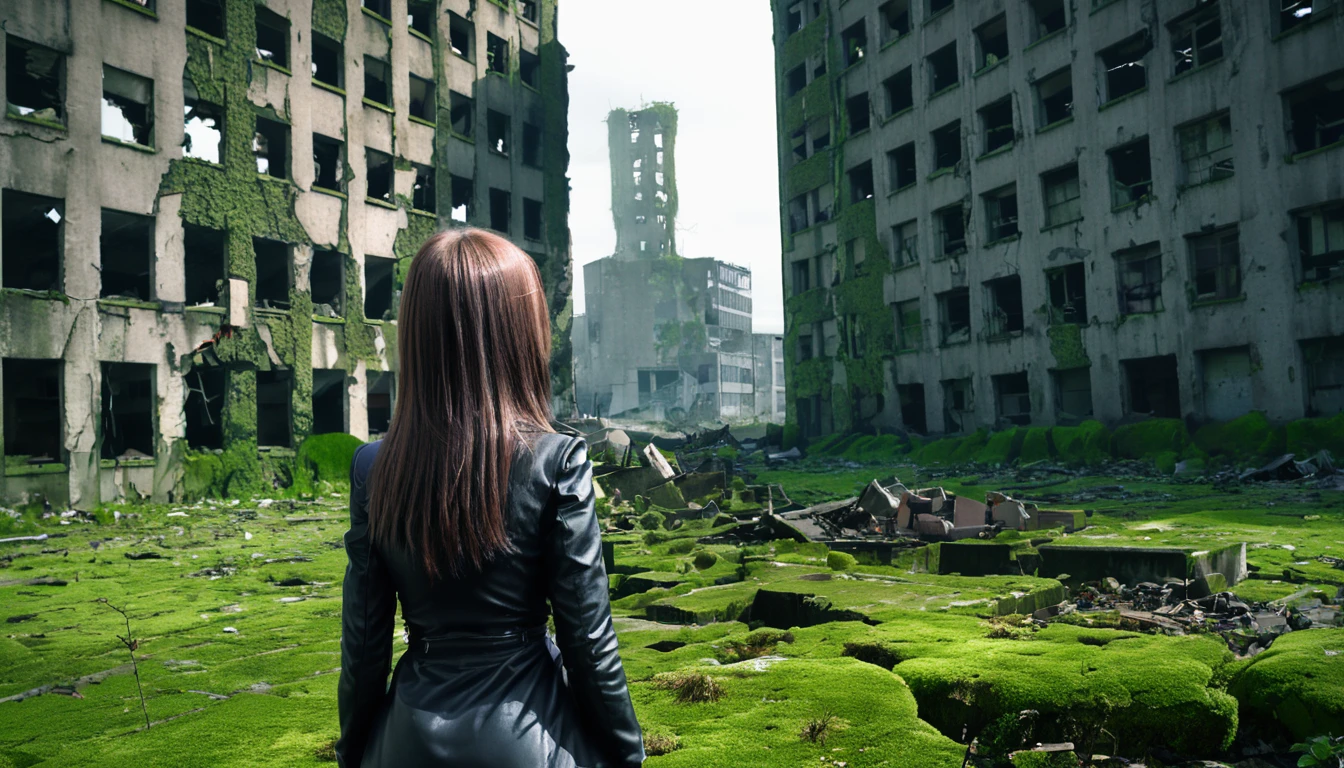 Ruined City,building,Android Girl,Back view,Abandoned city,moss