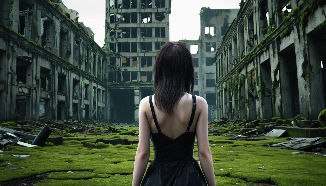 Ruined City,building,Android Girl,Back view,Abandoned city,moss