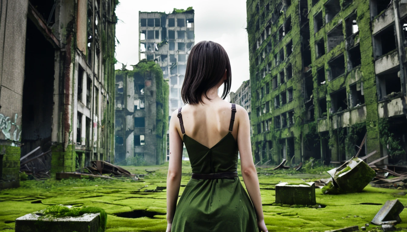 Ruined City,building,Android Girl,Back view,Abandoned city,moss