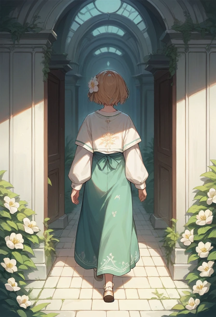 A girl walking towards to a boy. She is wearing saree on back ground of boganvilla flower