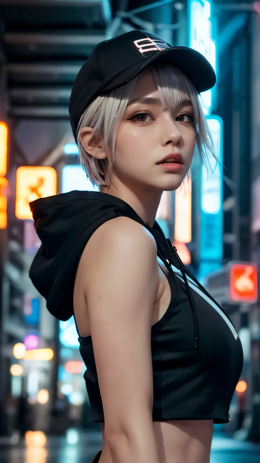masterpiece, Highest quality, Very detailed, 8k, Realistic, One Girl, alone, Tomboy, Very detailed face, (head shot:1.5), Cyberpunk neon lit futuristic city、Neon lights illuminate the scene, at night, Cyberpunk art, 32K, Ultra HD, Unreal Engine Rendering, Cinema Lighting,Pixie cut white hair, He is wearing a short tank top and an open-zipped hoodie.....,I can see your chest,Nice ass,Wear a New Era cap