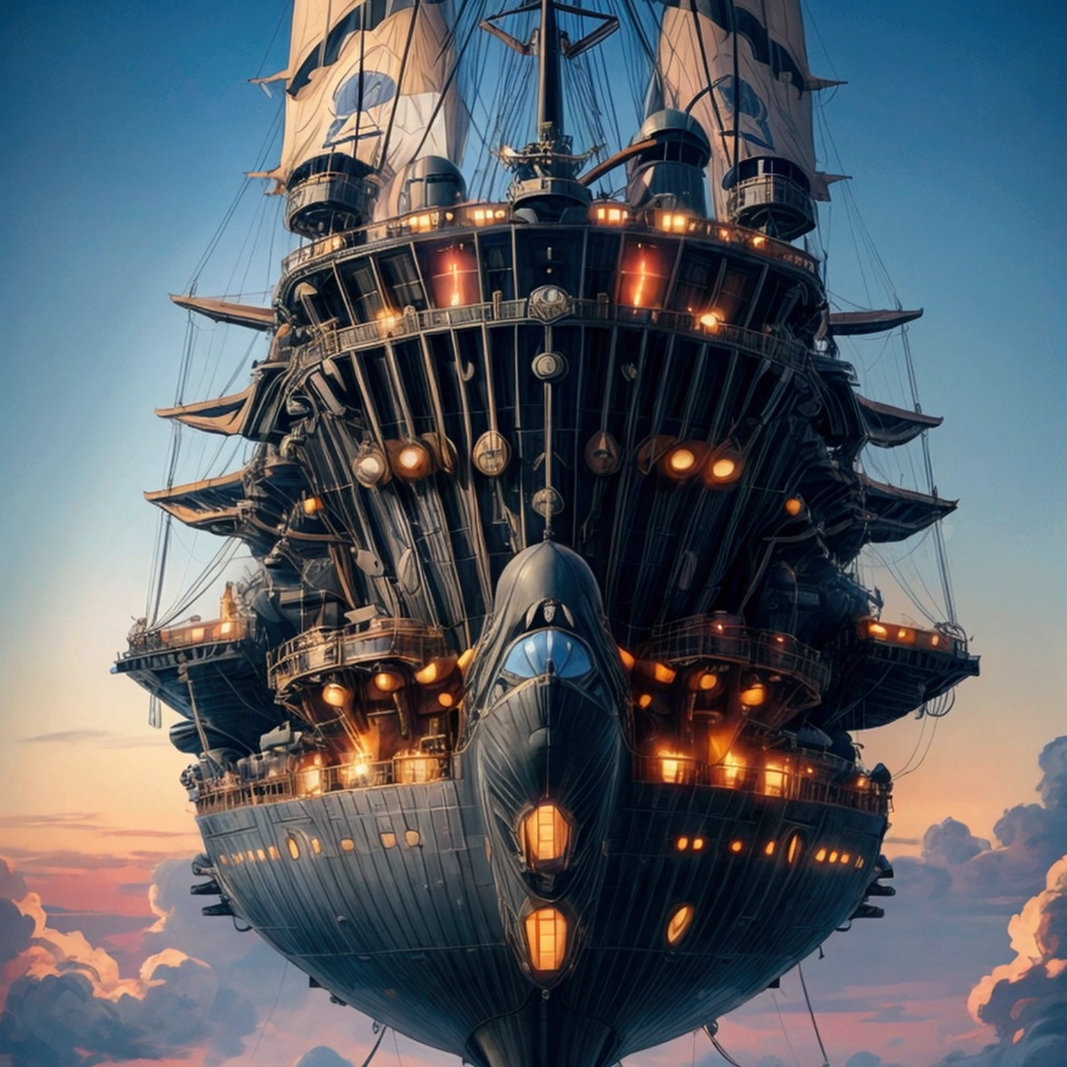 A dreamlike anime illustration of Studio Ghibli depicting a large airship modeled after a whale flying through the sky with fantastical mechanisms. This airship flies by flapping its wings, which resemble a steam engine and wooden oars modeled after the pectoral fins of a whale. This is a mechanical civilization that combines the functions of machines and living things, the Industrial Revolution. This fleet is a merchant caravan, but there is only one flying aircraft carrier and a biplane is dispatched.
