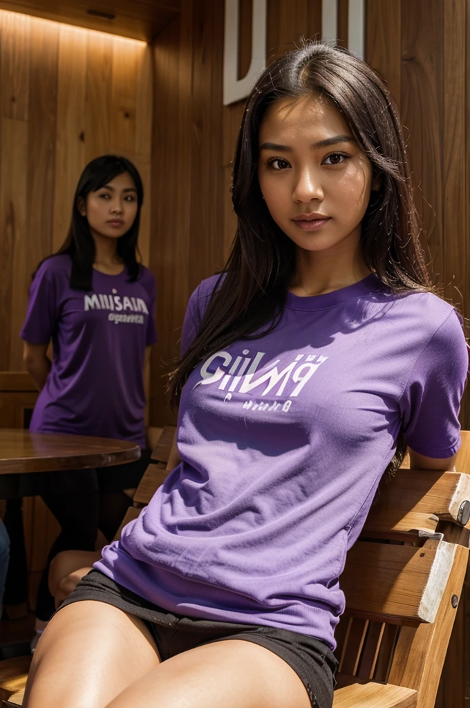 a beautiful Malay girl. He sat gracefully in a chair next to the towering "MIMOmuwais" logo in silvery purple in bold 3D letters on the wooden wall. The girl is wearing clothes