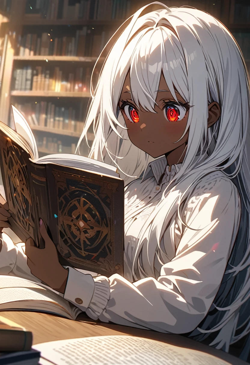 anime girl with very long white hair, red eyes, brown skin (light brown), 2D, reading a book in the library, detailed eyes, ultra detailed, high quality, vibrant colors,