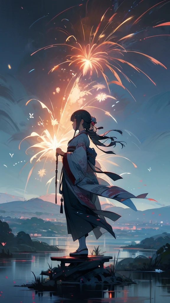 Japanese clothing、woman、Floral、night、Best image quality、Fantasy、Landscape painting、mystery、firework、Fantasyな風景