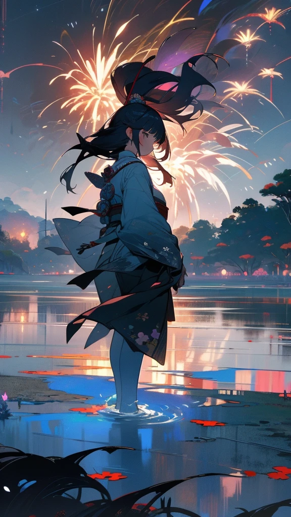 Japanese clothing、woman、Floral、night、Best image quality、Fantasy、Landscape painting、mystery、firework、Fantasyな風景