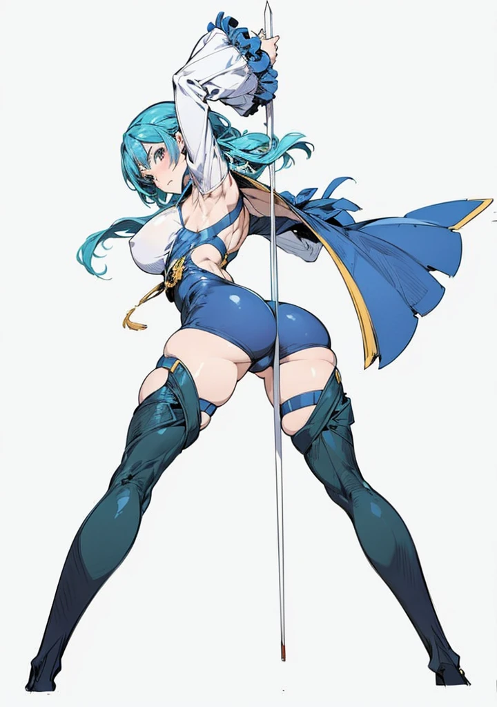 In Yusuke Murata style, Hold the pose, but draw with flat colors, cel shading, limited color palette and simplified lighting. sexy girl on the coast, with a big ass leaning against a bar. 