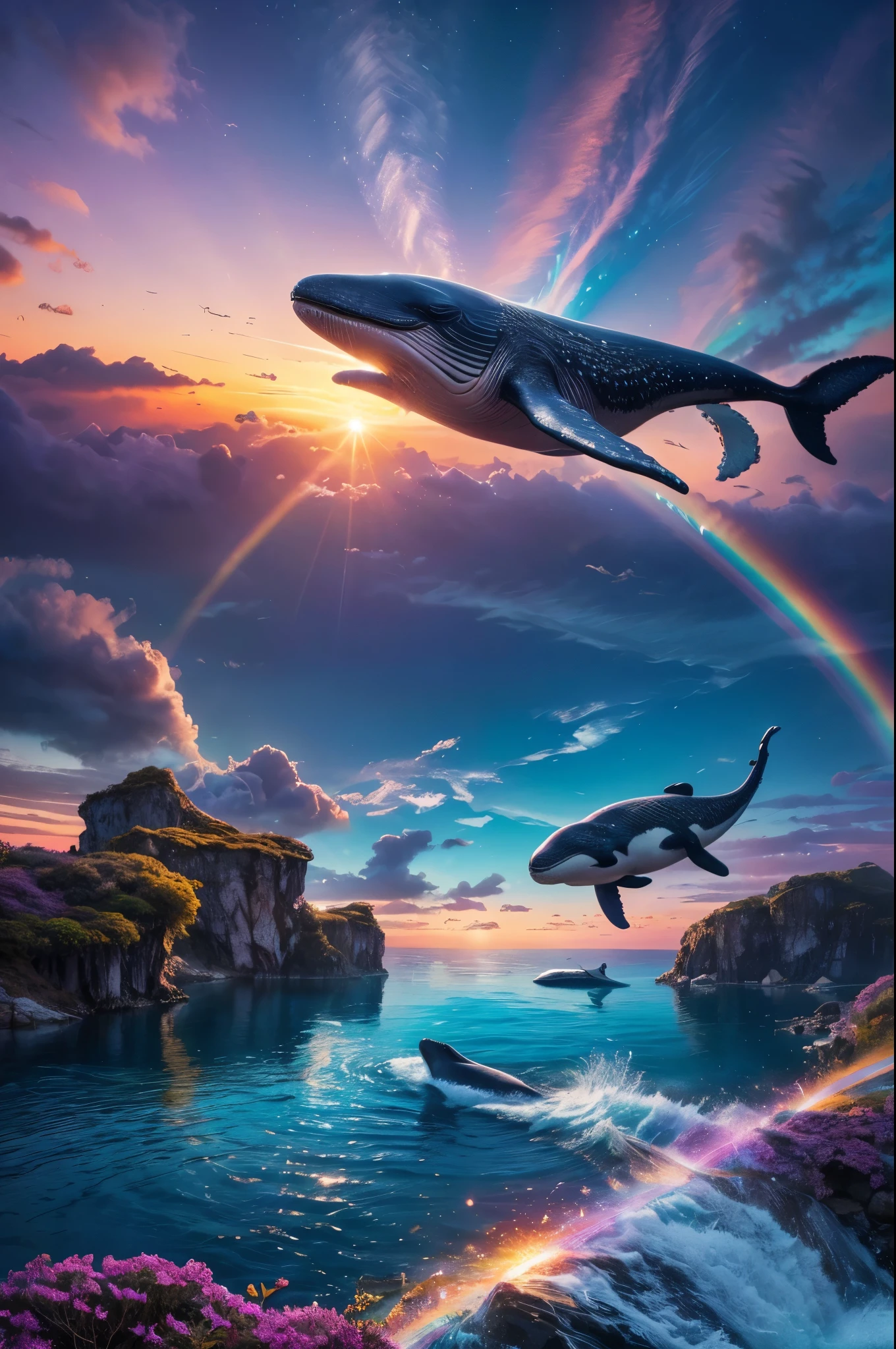 Masterpiece, Best Quality, Super Detailed, High Definition, HDR, Realistic, Depth, Fine Texture, Super Fine, Complete concentration.

A magnificent flying whale soaring through a vibrant, fantastical sky. The whale has shimmering, iridescent scales that reflect the myriad colors of the sunset. Surrounding it are floating islands with lush, colorful vegetation and cascading waterfalls. Exotic birds and other fantastical creatures accompany the whale, adding to the sense of wonder and magic. The sky is painted with hues of pink, purple, orange, and blue, with fluffy clouds adding depth and texture.

Lighting: Ethereal, soft lighting, volumetric lighting, lens flare.

Colors: Vibrant and vivid colors, iridescent scales on the whale, colorful sky., rainbow colors schemes,

Details: Intricate details on the whale's scales, realistic water reflections from the waterfalls, detailed floating islands.

Atmosphere: Mystical, enchanting, otherworldly, serene yet full of life.

Scene Composition: The whale as the central focus, surrounded by floating islands and magical creatures, against a vibrant sunset sky.

Additional elements: Sparkles and glows around the whale, light beams breaking through the clouds, distant mountains or fantastical landscapes in the background.