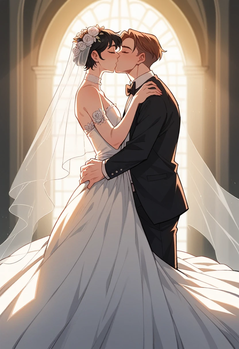 /imagine wedding, a realistic intricately detailed beautiful trans androgynous person , , wearing a long sleeved turtle necked Samara weaving lace wedding gown with a long veil and a long monarch train and a realistic intricately detailed , and handsome man cut hairstyle brown short hair, he is wearing a black goth shirt collar with a black shirt a black bowtie standing on a wedding altar featuring floral designs and decorations in the background : cinematic lighting, dynamic lighting, photography, hyper realistic, ultra HD resolution, dynamic lighting blends with natural light, broad Aspect ratio, kissing flirting,