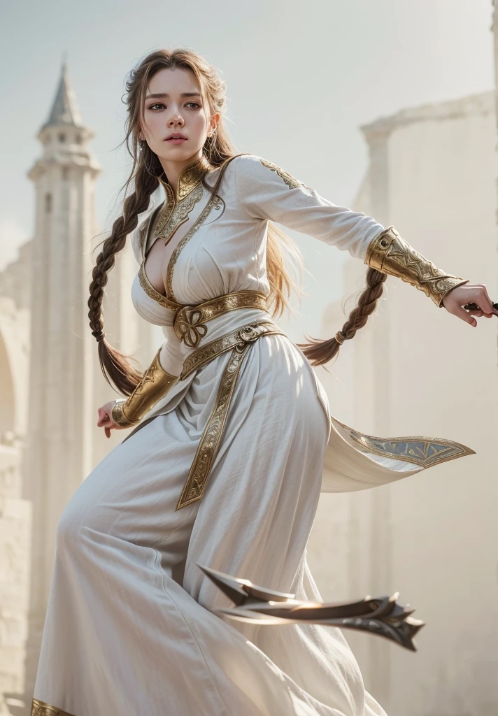 an awarded profesional photography of 1girl <lora:princess_leia_organa_solo-10:0.69> princess_leia_organa_solo, short hair, hair bun, white dress, white clothing armlet, (pale white skin), beautiful amethyst eyes,) halo braid curly hair blonde with hair ribbon with spiked bracelet cape remorseful,she make bent over necklace in a in a quiet, lush valley nestled in between snow-capped mountains , in autumn Ray Harryhausen Daylight,(epic scene:1.3),ultradetialed character with perfect face,detailed skin,(ultrasharp:1.3),(masterpiece:1.1),best quality ,(photorealistic:1.2),ultrarealistic,realistic ultradetailed character,4k perfect quality,cowboy shot<lyco:GoodHands-beta2:1>Magnificent,Imperceptible detail,Intricately designed, <hypernet:sxzBloom_sxzBloom:0.6> hotify