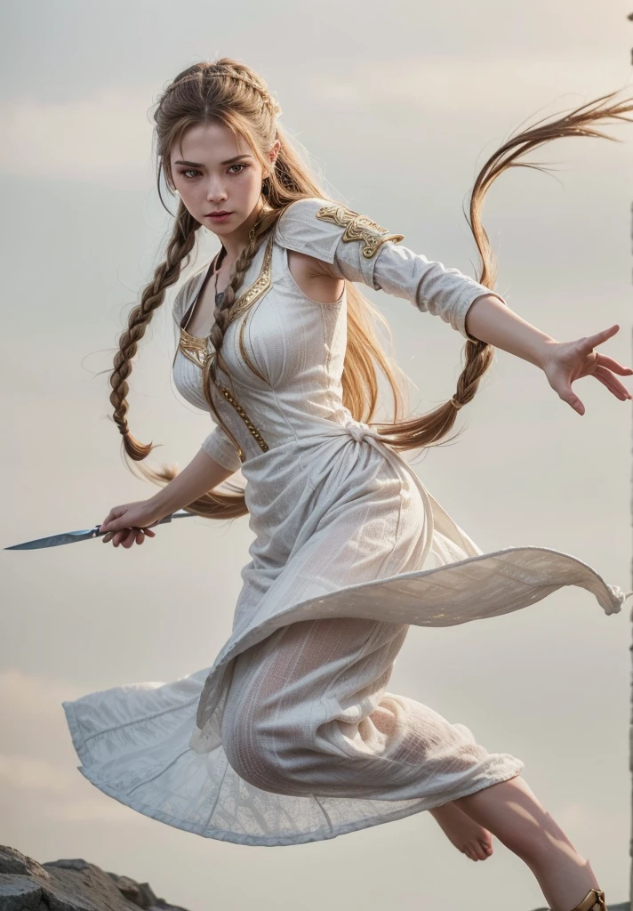 a woman with long braided hair, her hair with a sharp blade at the end, wearing white clothes with golden details, medieval rpg fantasy, heroic pose, (best quality,4k,8k,highres,masterpiece:1.2),ultra-detailed,(realistic,photorealistic,photo-realistic:1.37),intricate details,highly detailed facial features,detailed braided hair,detailed white dress with golden accents, medieval setting, cinematic lighting,dramatic shadows,warm color palette,heroic action pose, arena background
