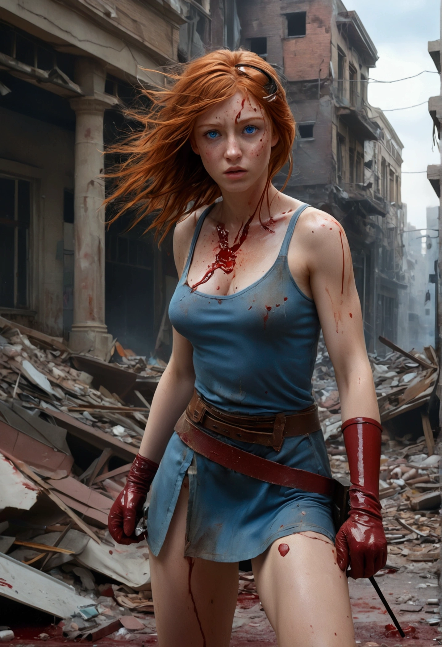 (Best quality,4K,8 K,High resolutions,masterpiece:1.2),Ultra detailed,(realist,fotorrealist,fotorrealist:1.37),whole body,science,Beautiful , serious look,Red-haired girl with blue eyes,perfect body,, middle thighs, vagina, No skirt, no panties, completely naked,fighting pose, bandages on arms and legs. ruined city background,. destroyed buildings,gloomy atmosphere,dark lighting,Post-apocalyptic theme,blood spatter,bright colors