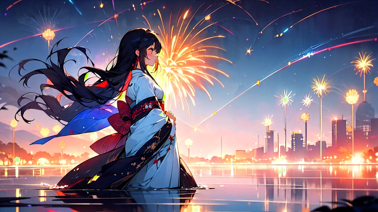 (beautifully、aesthetic:1.2)、(1 Girl:1.3)、(Black Hair:1.2)、Japanese clothing、miracle、happinessそうな笑顔、like、happiness、Great space、night、Fireworks space、Fantastic space、fireworks are in full bloom、