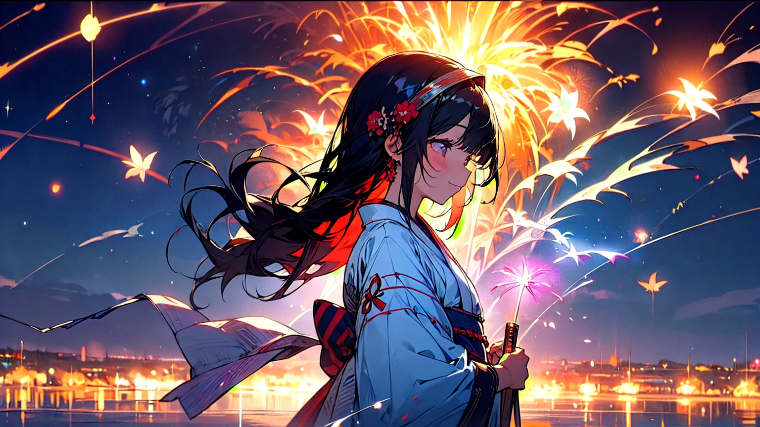 (beautifully、aesthetic:1.2)、(1 Girl:1.3)、(Black Hair:1.2)、Japanese clothing、miracle、happinessそうな笑顔、like、happiness、Great space、night、Fireworks space、Fantastic space、fireworks are in full bloom、
