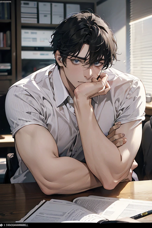 (Best Quality,4k,8k,high resolution,Masterpiece:1.2),ultra detailed,(realist,photorealist,photo-realist:1.37),1 man,31 years,mature man,very handsome,without expresion,muscled body,short gray black hair,Blue eyes,glare,perfect face without mistakes,imposing posture,businessman,office background,cinematic lighting,imagen HDR