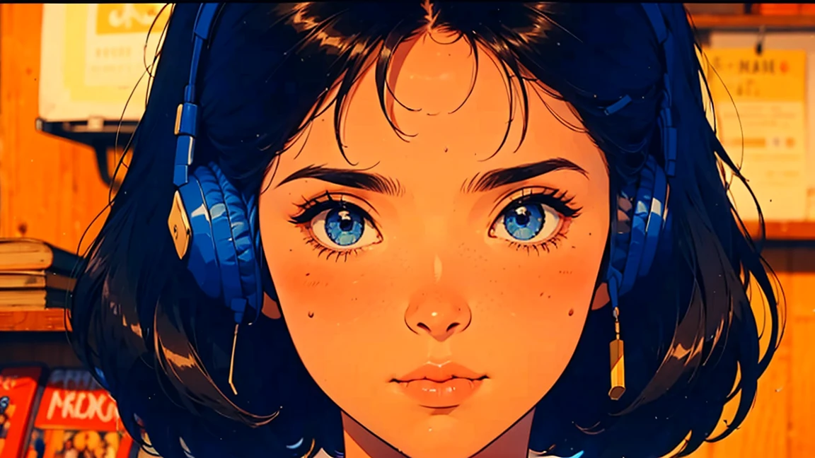 (artwork:1.2), (highest quality:1.2), ultra-high resolution, super detailed, perfect lighting, GIRL WITH DETAILED FACE WITH FACE FORWARD, SHORT HAIR, BLUE EYES, small AND ROUNDED nose, 80s anime style GIRL , HEADPHONES, FACE CLOSE UP, RECORD PLAYER,HOLDING A RECORD IN HAND, RECORD STORE