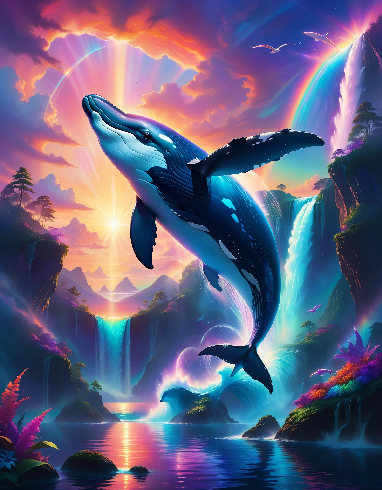 Masterpiece, Best Quality, Super Detailed, High Definition, HDR, Realistic, Depth, Fine Texture, Super Fine, Complete concentration.

A magnificent flying whale soaring through a vibrant, fantastical sky. The whale has shimmering, iridescent scales that reflect the myriad colors of the sunset. Surrounding it are floating islands with lush, colorful vegetation and cascading waterfalls. Exotic birds and other fantastical creatures accompany the whale, adding to the sense of wonder and magic. The sky is painted with hues of pink, purple, orange, and blue, with fluffy clouds adding depth and texture.

Lighting: Ethereal, soft lighting, volumetric lighting, lens flare.

Colors: Vibrant and vivid colors, iridescent scales on the whale, colorful sky., rainbow colors schemes,

Details: Intricate details on the whale's scales, realistic water reflections from the waterfalls, detailed floating islands.

Atmosphere: Mystical, enchanting, otherworldly, serene yet full of life.

Scene Composition: The whale as the central focus, surrounded by floating islands and magical creatures, against a vibrant sunset sky.

Additional elements: Sparkles and glows around the whale, light beams breaking through the clouds, distant mountains or fantastical landscapes in the background.