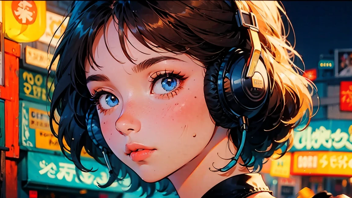 (artwork:1.2), (highest quality:1.2), ultra-high resolution, super detailed, perfect lighting, GIRL WITH DETAILED FACE WITH FACE FORWARD, SHORT HAIR, BLUE EYES, small AND ROUNDED nose, 80s anime style GIRL , HEADPHONES, FACE CLOSE UP, RECORD PLAYER,HOLDING A RECORD IN HAND, RECORD STORE