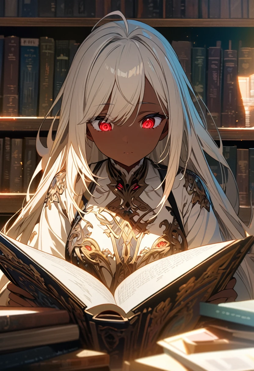 anime girl with very long white hair, red eyes, brown skin (light brown), 2D, reading a book in the library, detailed eyes, ultra detailed, high quality, vibrant colors,