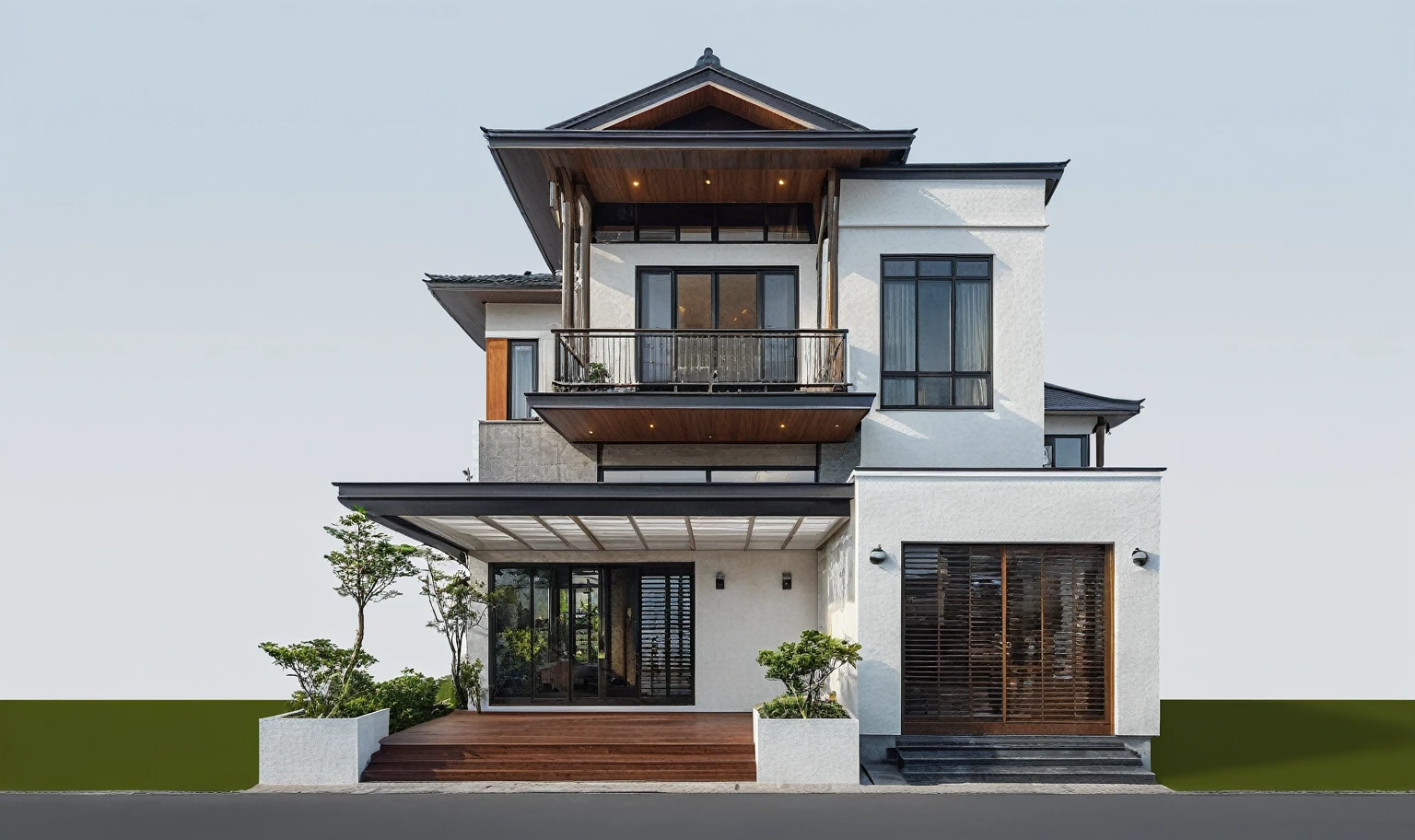 Modern Japanese roof house, two-story house, neoclassical architectural style, wooden glass doors, bright wall paint colors, with accents. afternoon light, interior lights on, realistic photo