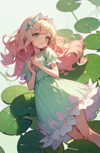 A cute anime girl, medium-length blonde hair, wavy hair, side bangs, light green eyes, pastel waterlily-inspired outfit design, coquette, lily pads, pink waterlilies, character design, detailed outfit, girly dress, bows, coquette, pink and white dress, waterlily hair accessories, white background, character front view