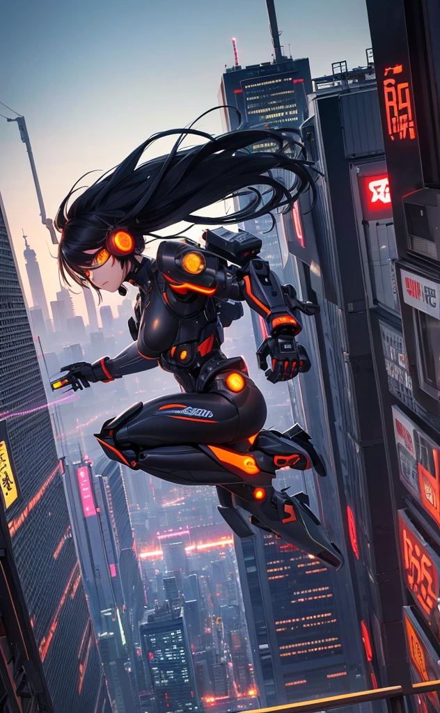 Long black hair、Beauty、Highest quality、cyber punk、cyborg、background(Tokyo from above)Jumping figure、体がcyborg、orange goggles、Mechanical Wingachine Body(robot)、Pale tones overall、high resolution、Tokyo in the daytime、Grey Sky、Exclusive