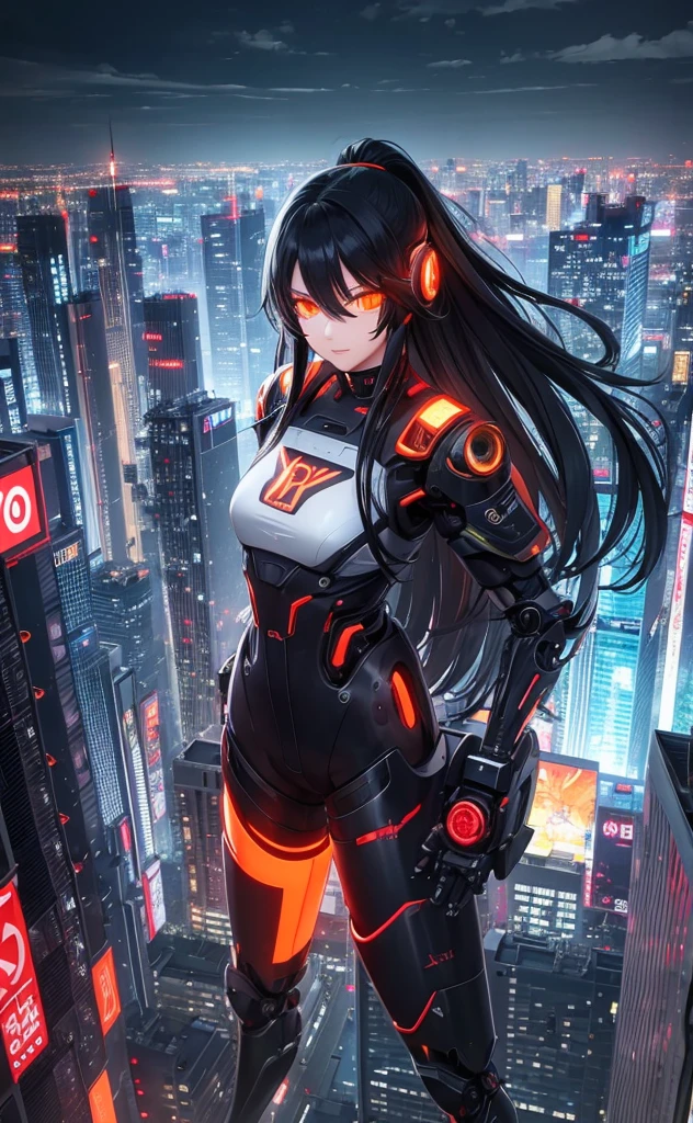 Long black hair、Beauty、Highest quality、cyber punk、cyborg、background(Tokyo from above)Jumping figure、体がcyborg、orange goggles、Mechanical Wingachine Body(robot)、Pale tones overall、high resolution、Tokyo in the daytime、Grey Sky、Exclusive