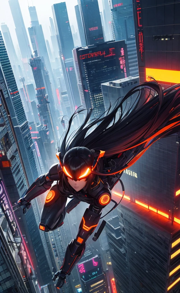 Long black hair、Beauty、Highest quality、cyber punk、cyborg、background(Tokyo from above)Jumping figure、体がcyborg、orange goggles、Mechanical Wingachine Body(robot)、Pale tones overall、high resolution、Tokyo in the daytime、Grey Sky、Exclusive