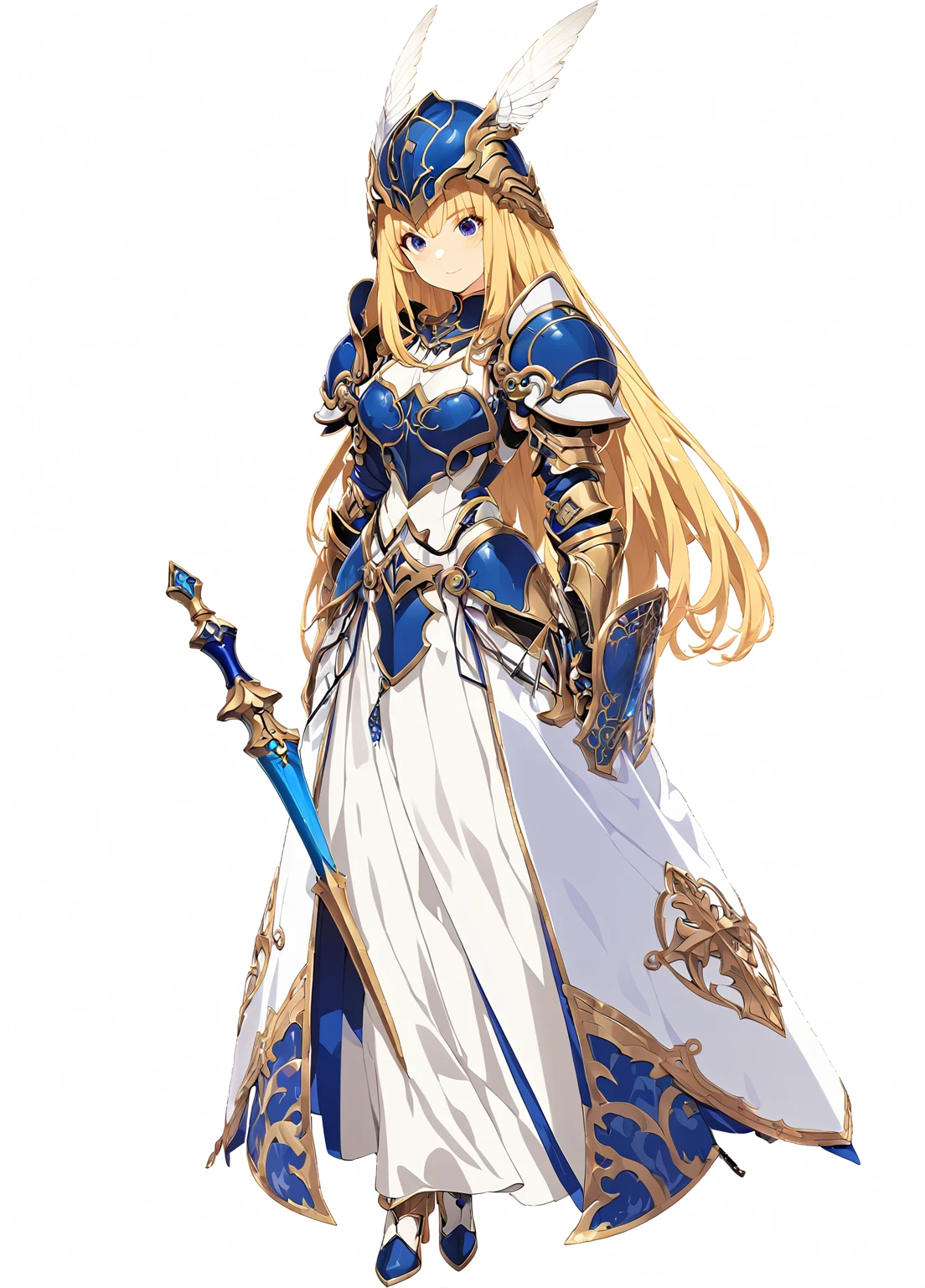 high quality, high resolution, high qualityのゲームアートスタイル, whole body,valkyrie,perfect hand,Official Art, Smooth game CG art, Visual Novel Sprites, White background,Smooth game CG art, (((Woman with a long spear))),Woman wearing a white dress and blue armor, An intricately designed helmet with white feathers,Small shield, (((In his right hand he holds an elaborate long spear))),Exquisite Blue Armor,Golden Hair, long hair, female knight, Rin々Shii,Large Bust,20-year-old,