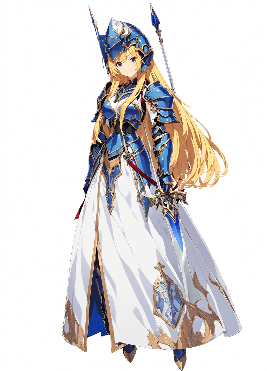 high quality, high resolution, high qualityのゲームアートスタイル, whole body,valkyrie,perfect hand,Official Art, Smooth game CG art, Visual Novel Sprites, White background,Smooth game CG art, (((Woman with a long spear))),Woman wearing a white dress and blue armor, An intricately designed helmet with white feathers,Small shield, (((In his right hand he holds an elaborate long spear))),Exquisite Blue Armor,Golden Hair, long hair, female knight, Rin々Shii,Large Bust,20-year-old,