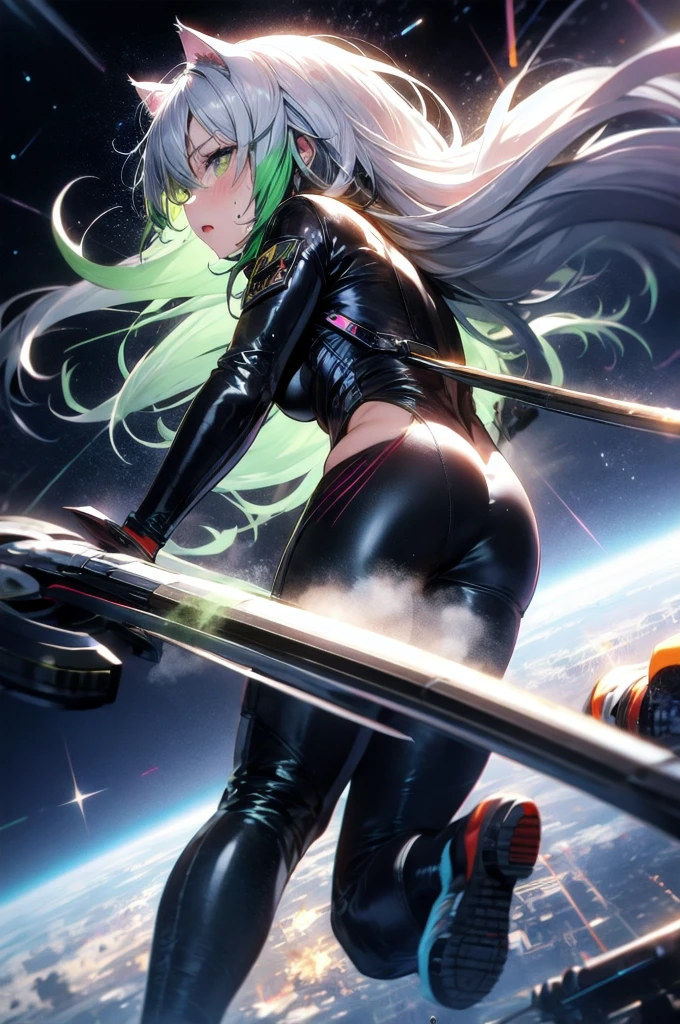 A silver-haired beautiful girl with cat ears eyes are green hair is silver and long clothes: a form-fitting black combat suit The fist is an afterimage The background is a city at night her is in a cat-like fighting pose The year is 14 years monitor, Dark Night, Sweat, Steam of Exhalation, Space, Battle, Dynamic Angle　one girl