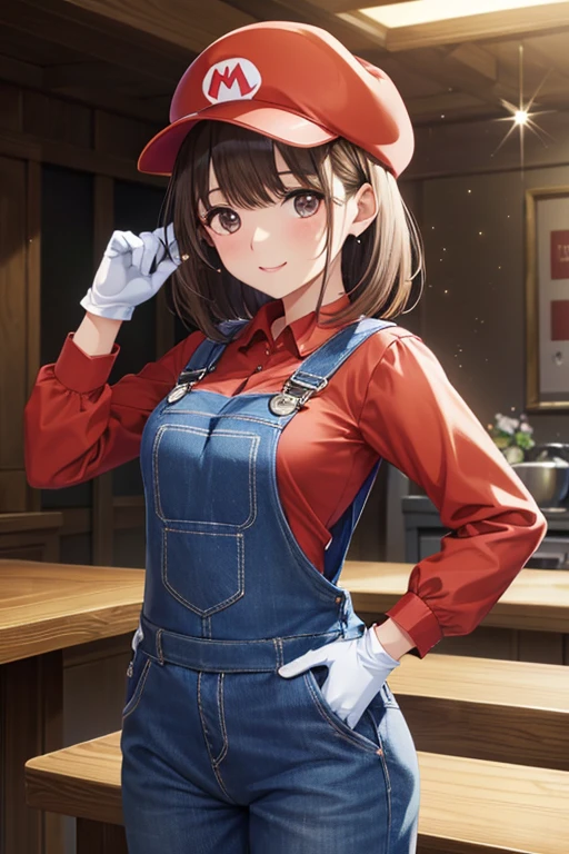 anegasaki nene、Shiny brown hair, short hair, (Beautiful brown eyes、Sparkling eyes, Fine grain)、smile、超detailedな目、非常にdetailedな顔, 非常にdetailedな目,


Highest quality, masterpiece, High resolution, detailed, Digital Art,Cowboy Shot、
masterpiece, Highest quality, One girl,(Mario Costume), ((Blue Overalls, Red Hat, Long sleeve red shirt, )),  White gloves,