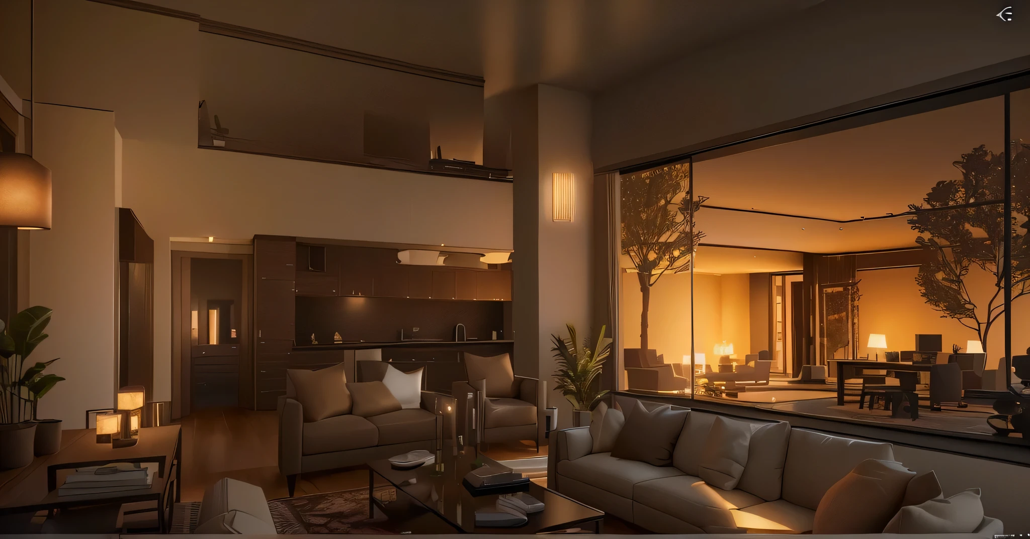 Side view of the living room,Features a sofa and table, 8K Sensual Lighting, Stunning rendering, Unreal Engine ; Romantic Theme, Rendering in Lumion Pro, Unreal Engine realistic render, octane render Unreal Engine 8 k, rendered in Unreal Engine 5, Unreal Engine 5 render dramatic, Dramatic lighting rendering, Unreal Engine 5 Rendering, Vray rendering