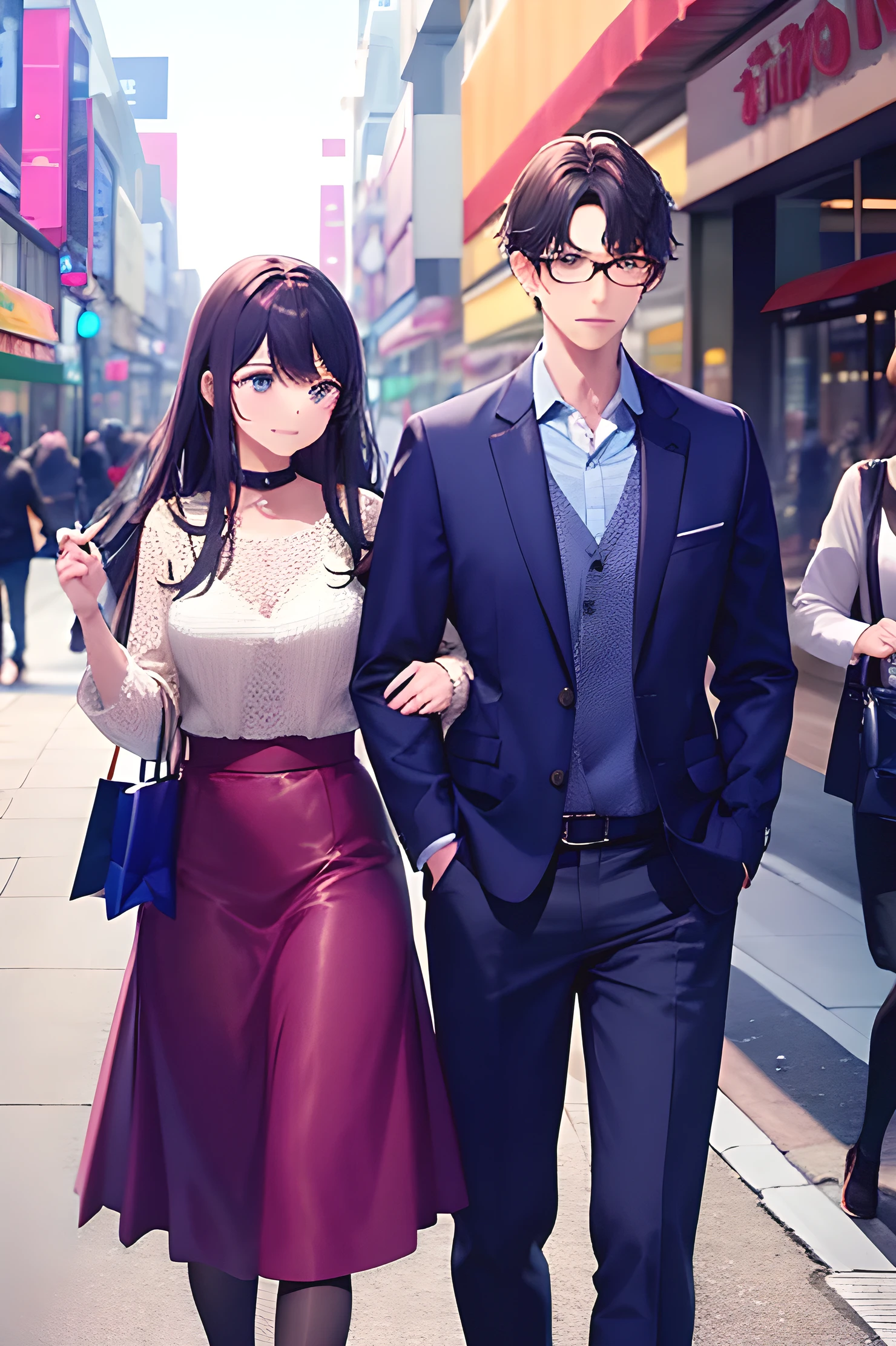 Anime couple walking down the street in a city - SeaArt AI