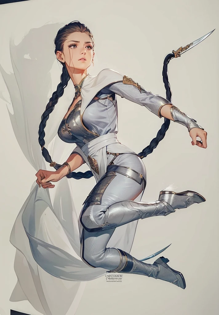 a woman with long braided hair, her hair with a sharp blade at the end, wearing white clothes with golden details, medieval rpg fantasy, heroic pose, (best quality,4k,8k,highres,masterpiece:1.2),ultra-detailed,(realistic,photorealistic,photo-realistic:1.37),intricate details,highly detailed facial features,detailed braided hair,detailed white dress with golden accents, medieval setting, cinematic lighting,dramatic shadows,warm color palette,heroic action pose, arena background