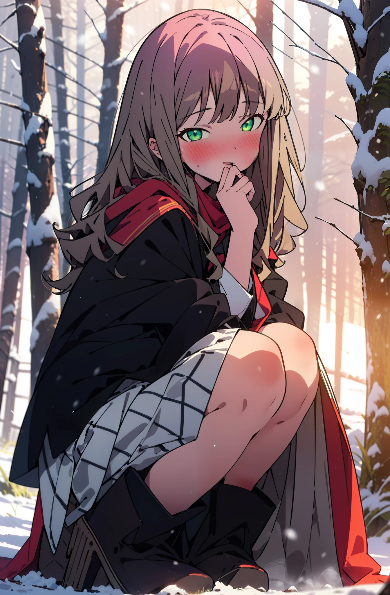minami yume ,sss Dynazenon ,Long Hair, Brown Hair, (Green Eyes:1.5) ,blush,white breath,
Open your mouth,snow,Ground bonfire, Outdoor, boots, snowing, From the side, wood, suitcase, Cape, Blurred, forest, White handbag, nature,  Squat, Mouth closed, Cape, winter, Written boundary depth, Black shoes, red Cape break looking at viewer, Upper Body, whole body, break Outdoor, forest, nature, break (masterpiece:1.2), Highest quality, High resolution, unity 8k wallpaper, (shape:0.8), (Beautiful and beautiful eyes:1.6), Highly detailed face, Perfect lighting, Extremely detailed CG, (Perfect hands, Perfect Anatomy),