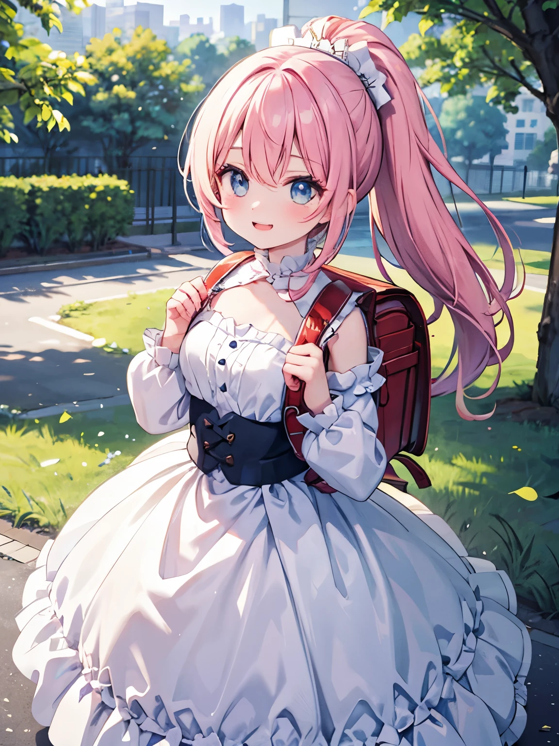 (highest quality、masterpiece、8K、best image quality、hyper realism、Award-winning work)、(solo:1.1)、(1 photo:1.1)、(Feminine and girly cute frilly princess dress:1.2)、Masterpiece, hd, 1girl, smiling, medium breasts, long hair curls, bangs, hair between eyes, hair ornament, choker, ribbon, bow, cute dress, long dress, lace, frills, detached sleeves, long sleeves, standing, outdoor, wearing randoseru backpack (backpack:1.2) Masterpiece, hd, realistic, 1girl, beautiful girl, smiling, regal, (princess dress), vibrant, vivid, (bows), blonde hair, ponytail, wearing backpack, (backpack:1.2)