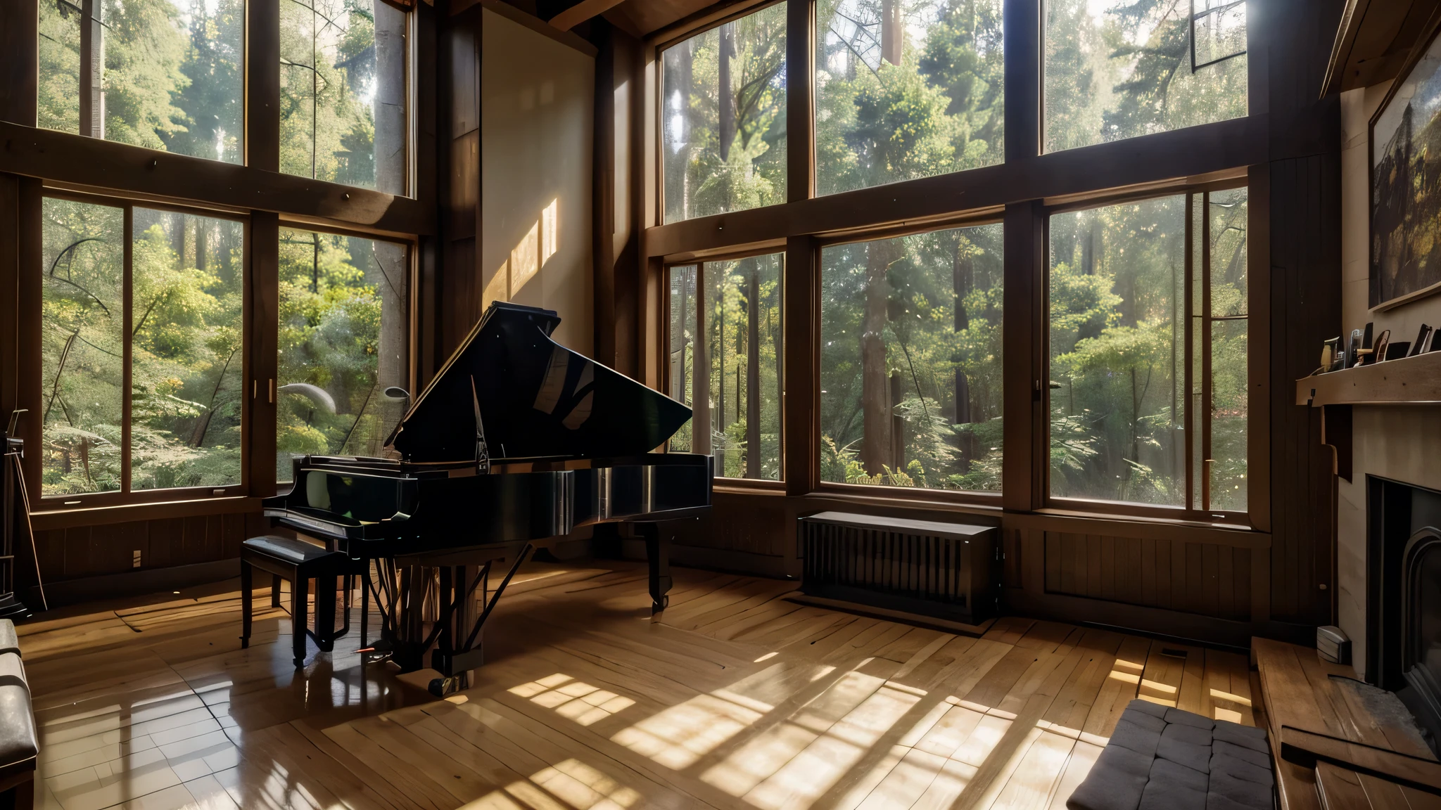 There is a room,There is a piano inside and the forest can be seen through the large windows at night., House in the Forest, Morning loft photos, highly realistic unreal engine, Unreal Engine photorealistic rendering, Modern house in the woods, relaxing environment, 8k Landscape Rendering, Realistic architecture, Luxurious environment, Comfortable place, Unreal Engine is highly rendered, Architectural Visualization,With fireplace