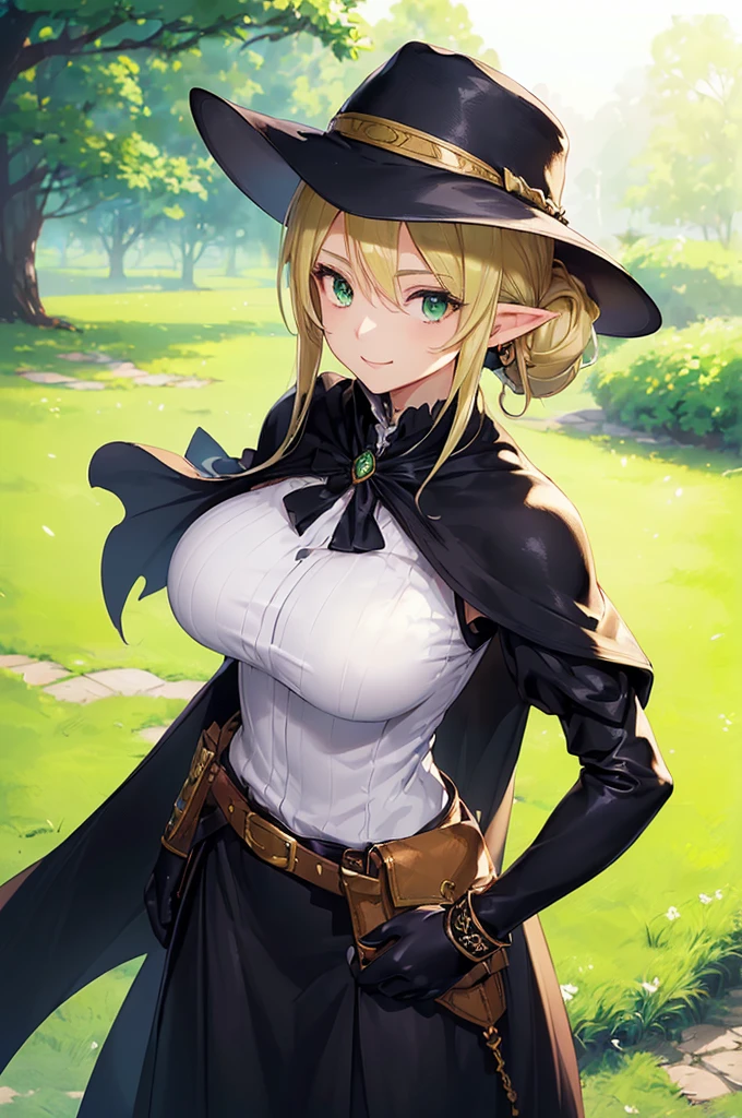 (((masterpiece; best quality: 1.2))), (finely detailed eyes: 1.3), (25 year old elf woman), (solo), (green eyes: 1.4), (body; big breasts, fit, femenine: 1.3), (silky blonde hair in low ponytail: 1.3), (beautiful and clear background: 1.2), ((depth of field)), (equipment: adventurer garb + modest + elegant wide-brimmed hat + dark blouse + dark cape + black long skirt + gloves + belt + pouches: 1.3), (anime illustration: 1.2), (background composition; royal garden: 1.1), (extremely fine and beautiful: 1.1), (shot composition; standing + centered on torso + close-up: 1.5), (expression; calm, smile: 1.2)