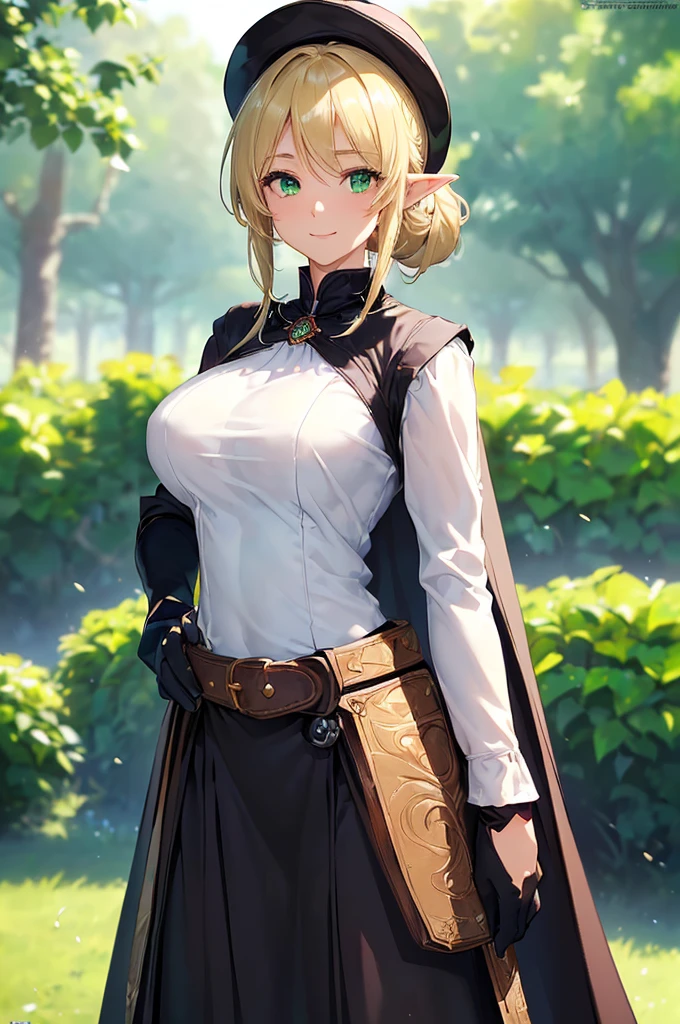(((masterpiece; best quality: 1.2))), (finely detailed eyes: 1.3), (25 year old elf woman), (solo), (green eyes: 1.4), (body; big breasts, fit, femenine: 1.3), (silky blonde hair in low ponytail: 1.3), (beautiful and clear background: 1.2), ((depth of field)), (equipment: adventurer garb + modest + elegant wide-brimmed hat + dark blouse + dark cape + black long skirt + gloves + belt + pouches: 1.3), (anime illustration: 1.2), (background composition; royal garden: 1.1), (extremely fine and beautiful: 1.1), (shot composition; standing + centered on torso + close-up: 1.5), (expression; calm, smile: 1.2)