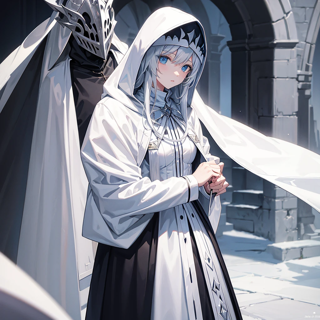 Hooded knight wearing white asking a witch her name in a desert city.