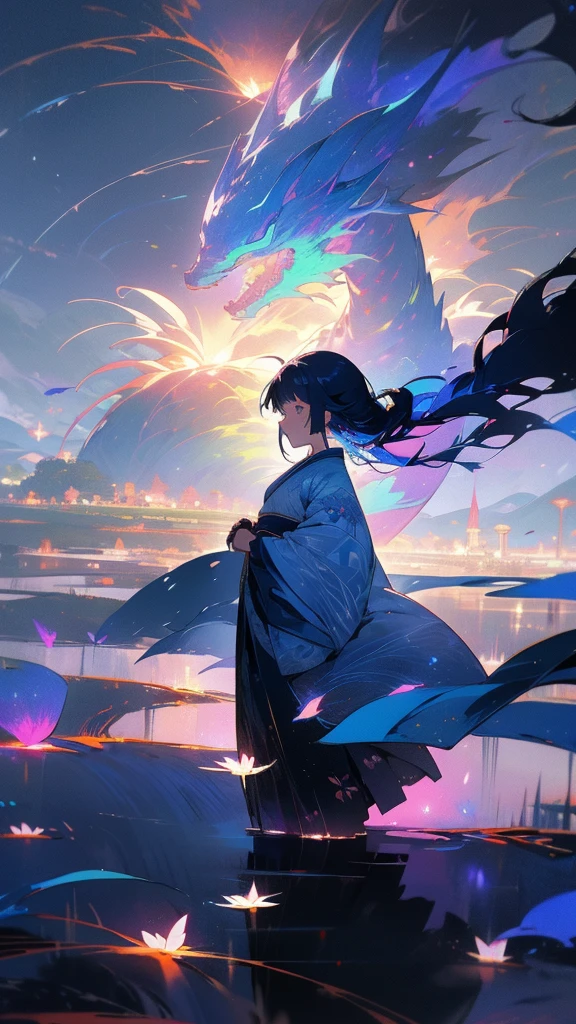 Japanese clothing、woman、Floral、night、Best image quality、Fantasy、Landscape painting、mystery、firework、Fantasyな風景、(Beautiful and aesthetic:1.2)、(1 Girl:1.3)、(Black and blue colorful hair:1.2)、