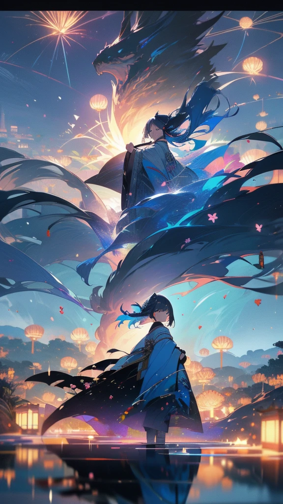 Japanese clothing、woman、Floral、night、Best image quality、Fantasy、Landscape painting、mystery、firework、Fantasyな風景、(Beautiful and aesthetic:1.2)、(1 Girl:1.3)、(Black and blue colorful hair:1.2)、