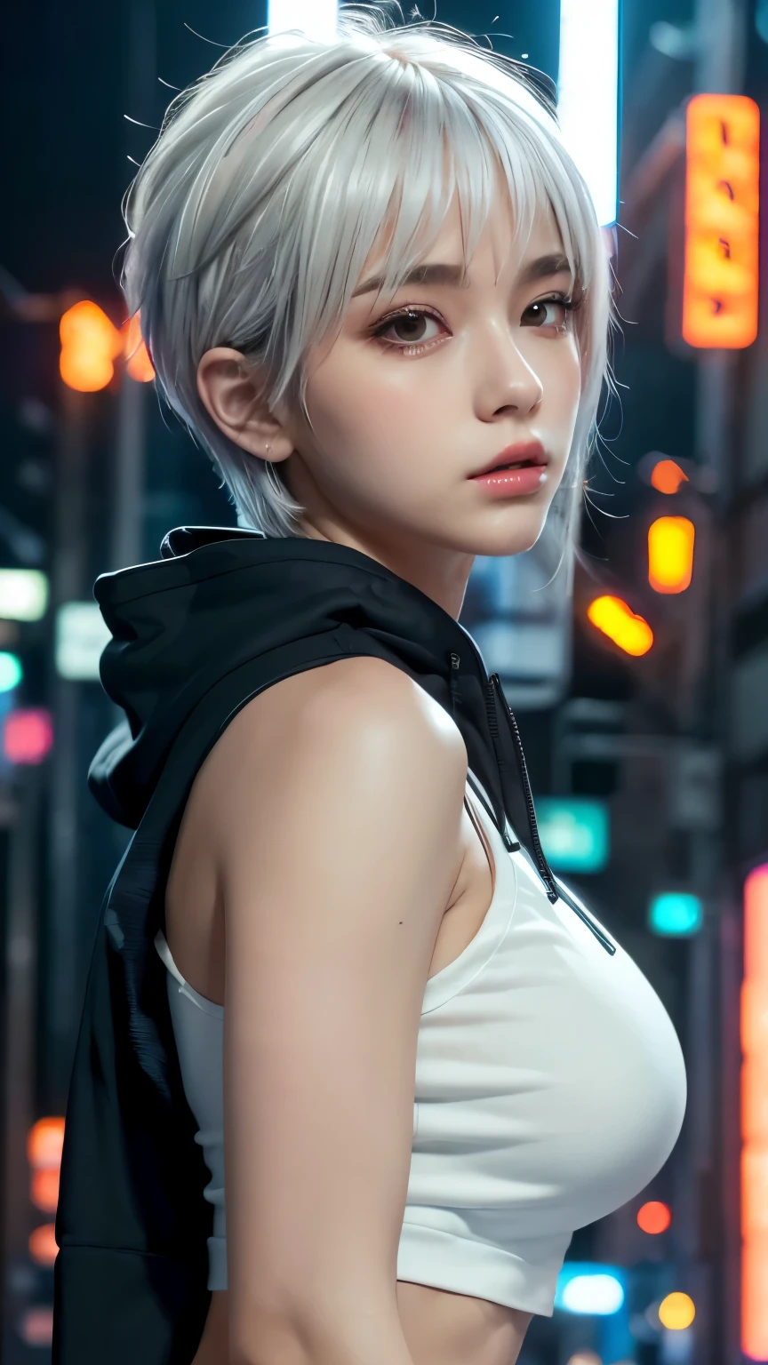 masterpiece, Highest quality, Very detailed, 8k, Realistic, One Girl, alone, Tomboy, Very detailed face, (head shot:1.5), Cyberpunk neon lit futuristic city、Neon lights illuminate the scene, at night, Cyberpunk art, 32K, Ultra HD, Unreal Engine Rendering, Cinema Lighting,Pixie cut white hair, He is wearing a short tank top and an open-zipped hoodie.....,I can see your chest,Nice ass,Wear a New Era cap
