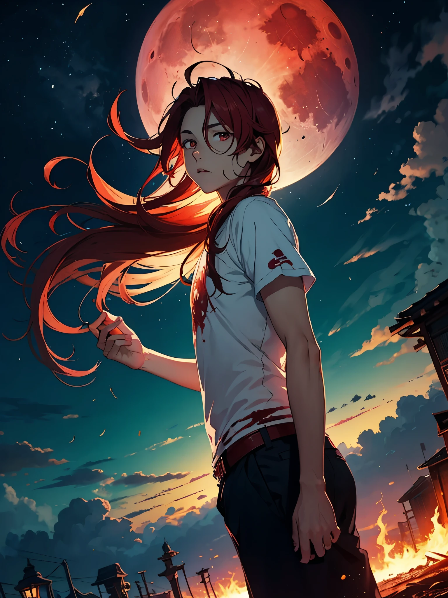 火. 火rote Haare. Red hair. Red eyeliner. Blood Moon. More anime. male. Long hair. Boy.