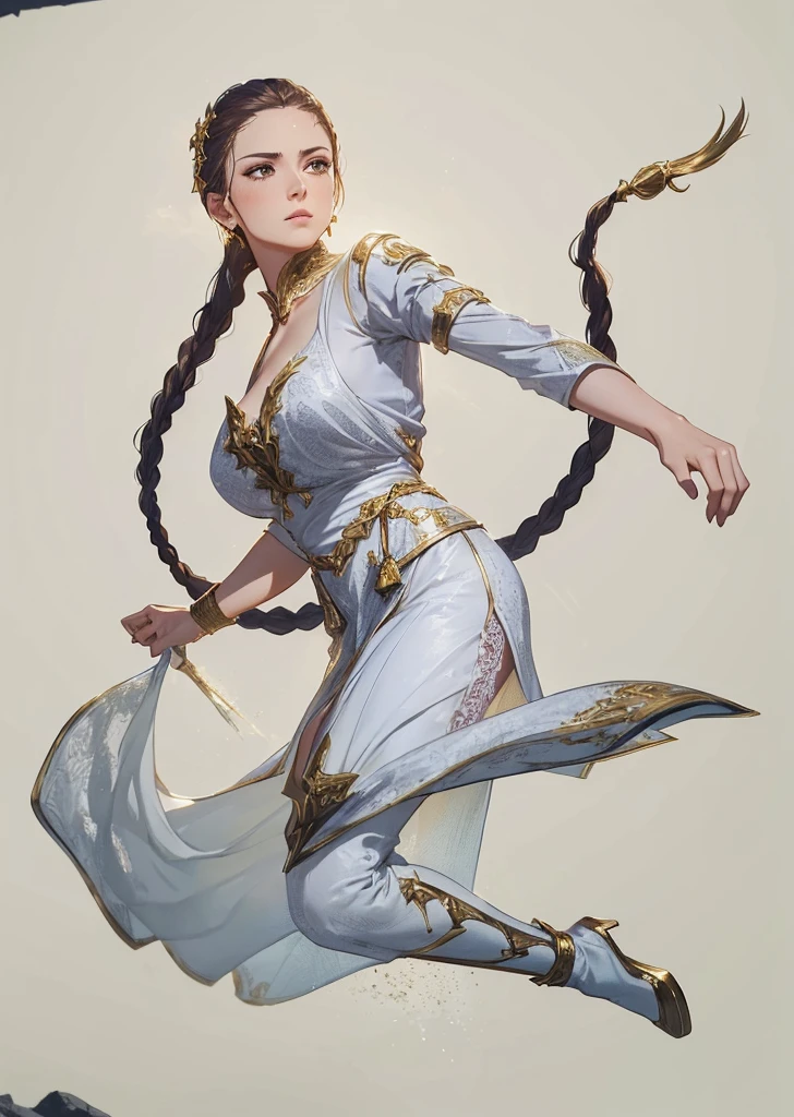 a woman with long braided hair, her hair with a sharp blade at the end, wearing white clothes with golden details, medieval rpg fantasy, heroic pose, (best quality,4k,8k,highres,masterpiece:1.2),ultra-detailed,(realistic,photorealistic,photo-realistic:1.37),intricate details,highly detailed facial features,detailed braided hair,detailed white dress with golden accents, medieval setting, cinematic lighting,dramatic shadows,warm color palette,heroic action pose, arena background 