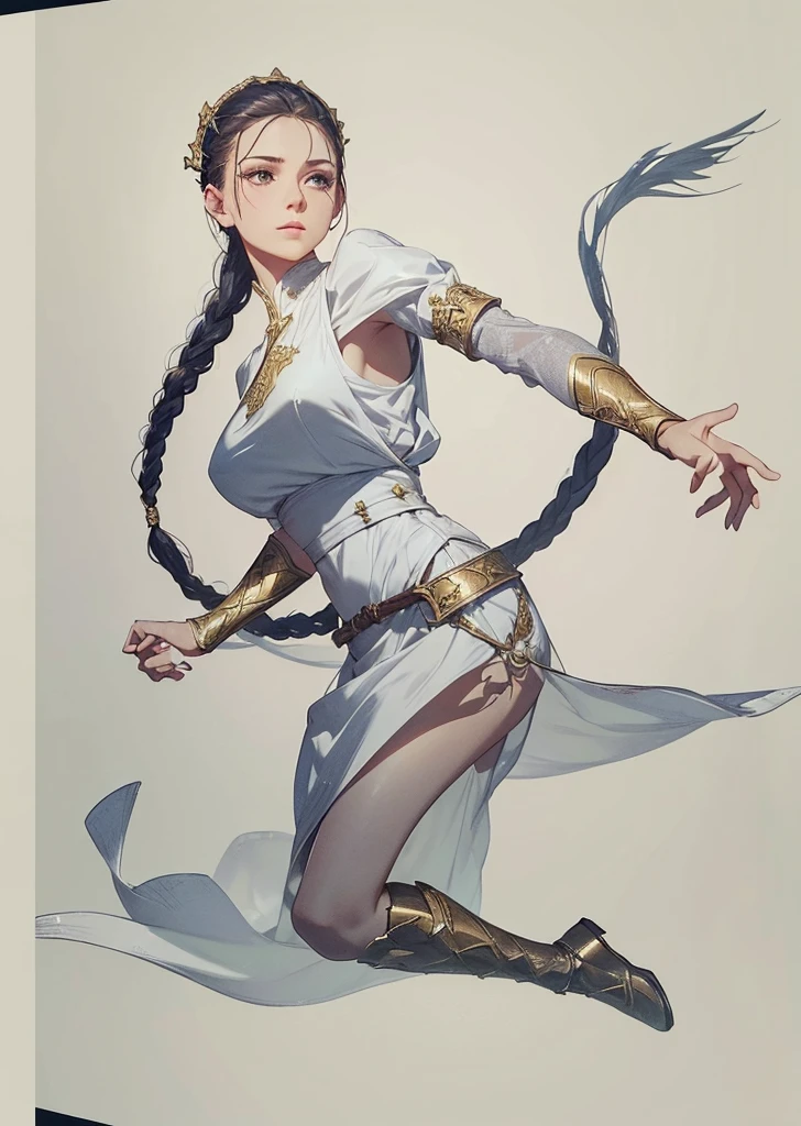 a woman with long braided hair, her hair with a sharp blade at the end, wearing white clothes with golden details, medieval rpg fantasy, heroic pose, (best quality,4k,8k,highres,masterpiece:1.2),ultra-detailed,(realistic,photorealistic,photo-realistic:1.37),intricate details,highly detailed features,detailed braided hair,detailed white dress with golden accents, medieval setting, cinematic lighting,dramatic shadows,warm color palette,heroic action pose, arena background