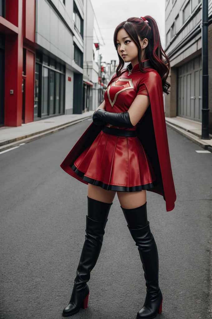My Hero Academia style image capture of girl with red hero costume, red skirt and red cape, Japanese style and black knee-high boots